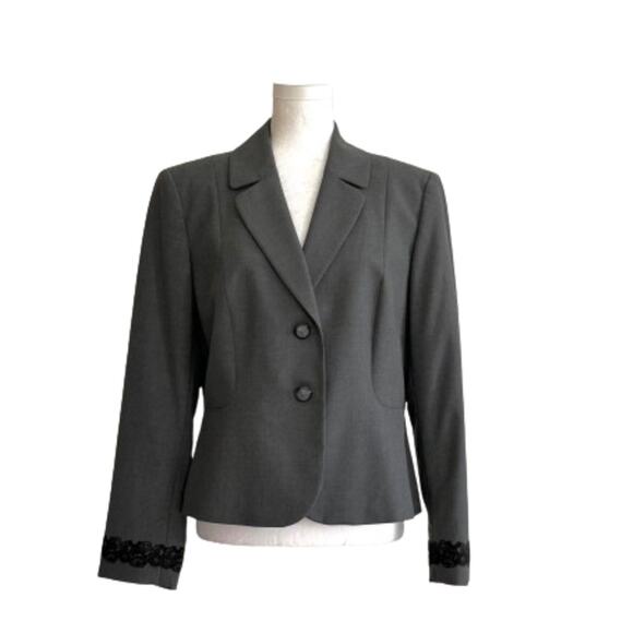 Tahari ASL Petite Charcoal Gray Black Lace Trim Career Blazer Jacket Size 12P - Picture 1 of 12